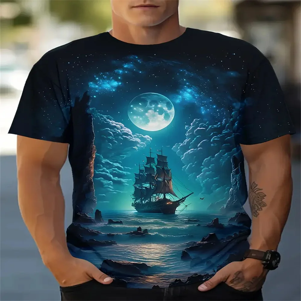 

Men casual T-shirt Sea Pirate ship print personality fashion close-fitting men T-shirt retro personality street fitness T-shirt
