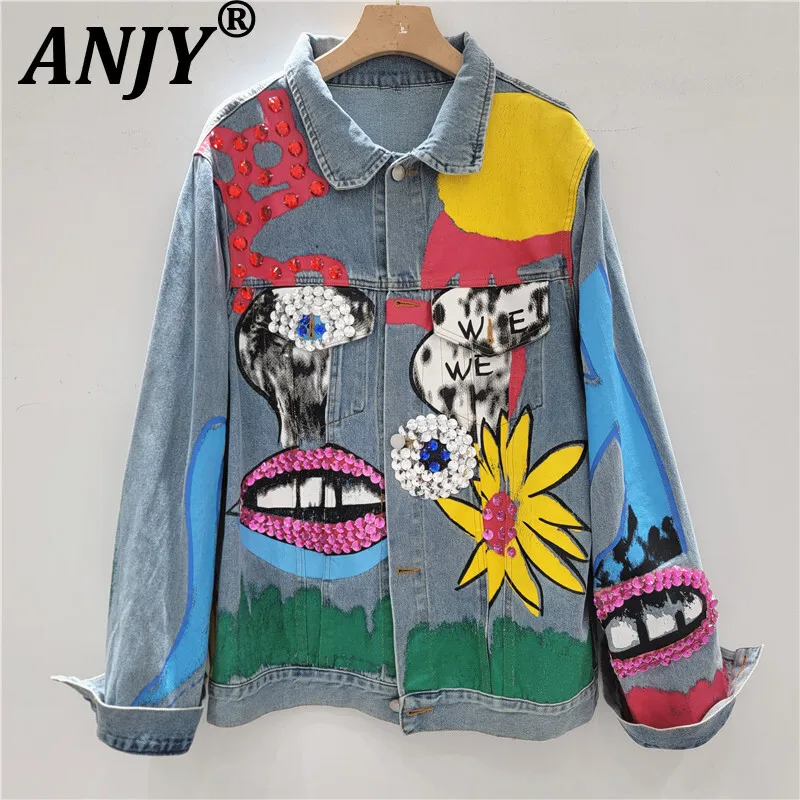 

ANJY Autumn New Women Streetwear Chic Denim Jacket Heavy Craft Sequins Cartoon Printed Casual Stylish Single Breasted Coat A8550