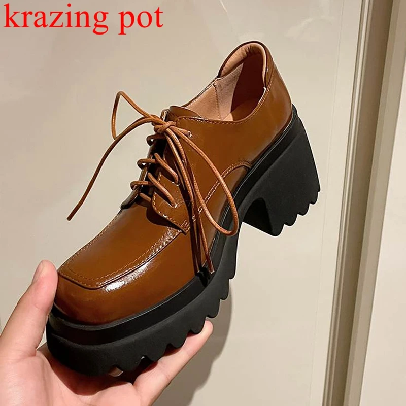 

Krazing Pot New Genuine Leather Round Toe Thick Bottom Lace Up Brown Color High Heels Autumn Shoes Casual Platform Catwalk Pumps