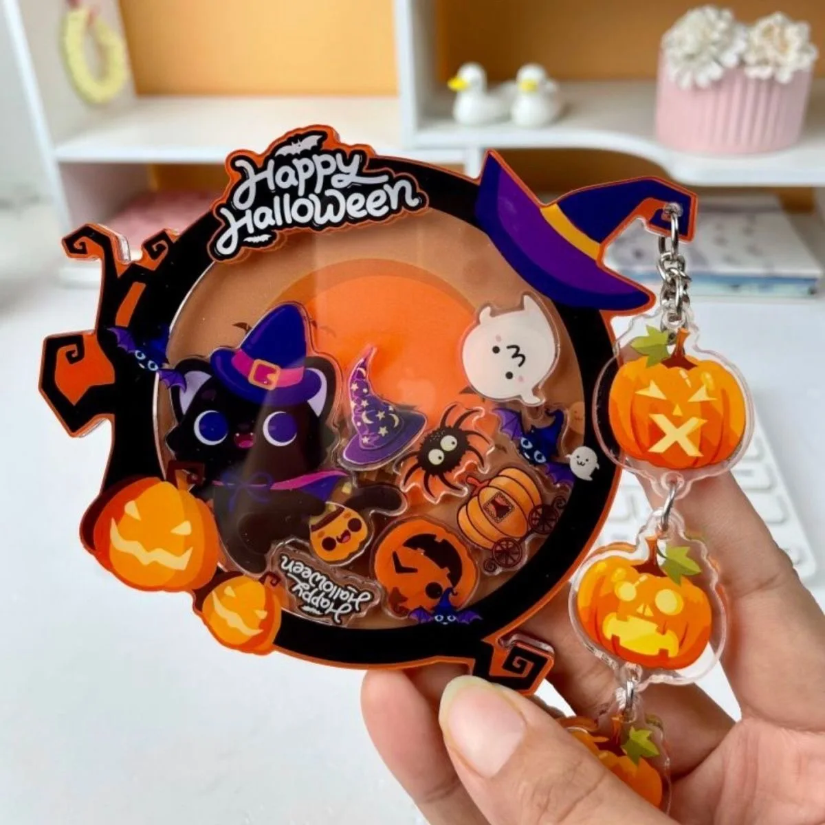Halloween Acrylic Shaker Keychain Cute Black Cat Witch Pumpkin Ghost Lantern Swinging Keyring Backpack Pendant Halloween
