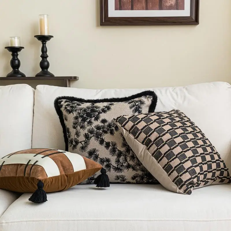 medieval style beige black and coffee color cushion cover sofa brown throw pillow cover decorative black pu pillowcase