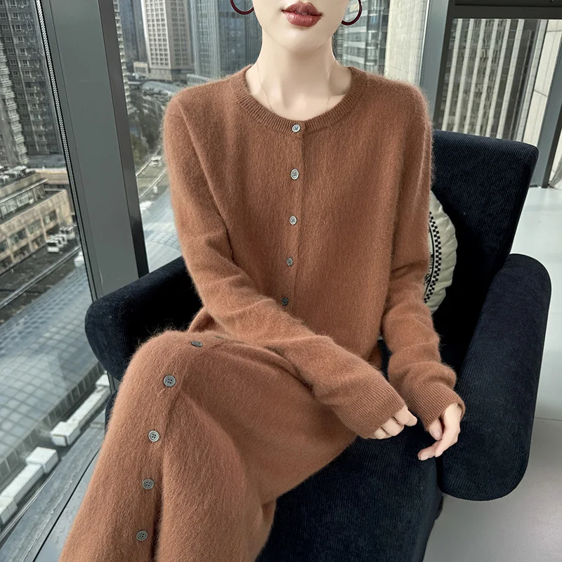 New 2025 autumn and winter women's knitted 100% pure mink cashmere O-neck cardigan sweater dress slim fit versatile long sweater