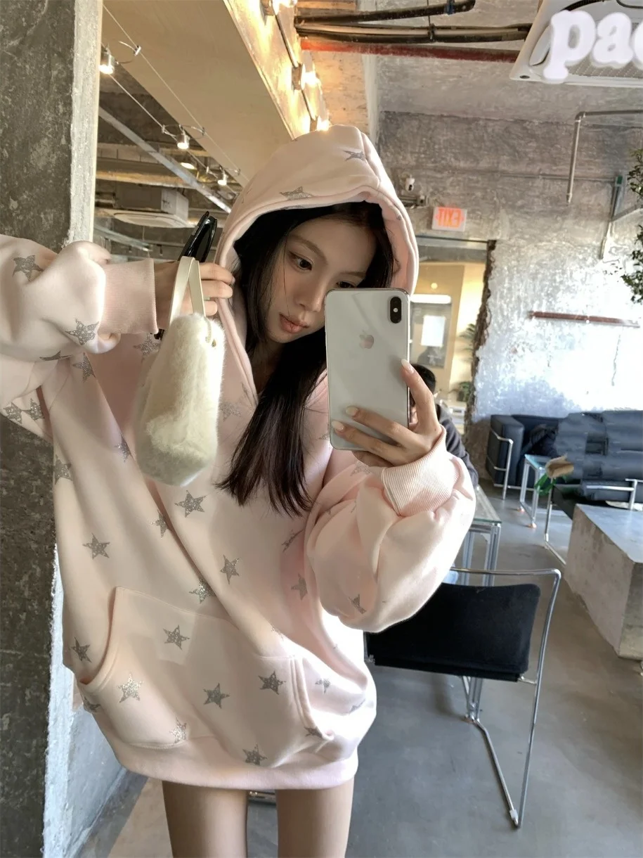 

Pink Sweet Star Print Hoodie Women's Winter Thiened Korean Loose Lazy Sle Heavyweight Jaet Cotton Polyester Blend Long ...