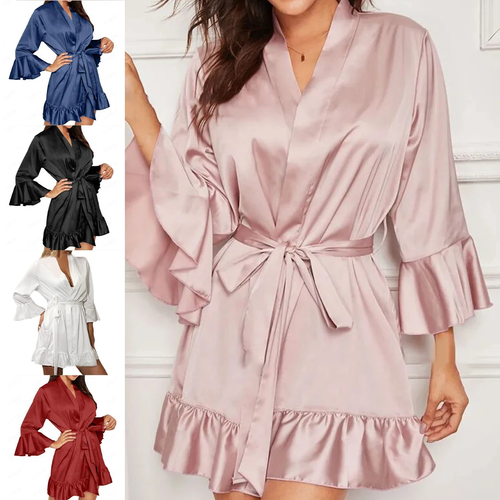 

Female Solid Color Fashionable Casual Sexy Deep-V Lace Nightgowns Women's Bathrobe Robes Summer Pajamas Sleep Shirts