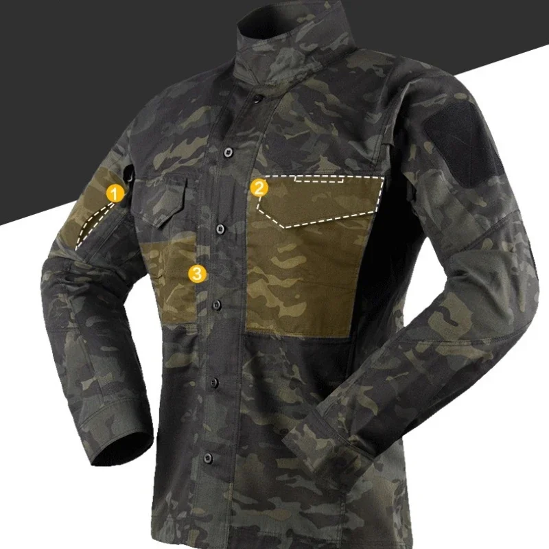 Camisa táctica de manga larga para hombre, Tops informales de camuflaje con una botonadura, uniforme de entrenamiento con cuello levantado y múltiples bolsillos