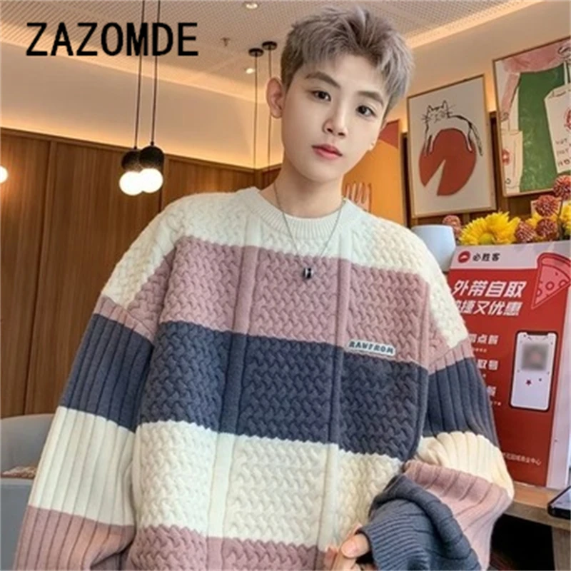 ZAZOMDE Striped Knit Sweater Men Autumn Winter New Style Japanese Vintage Trendy Brand Casual Pullover Knitted Top Clothing Men