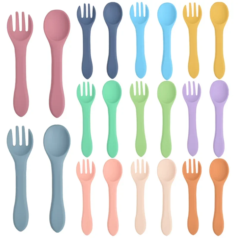 2pcs Candy Color Baby Soft Silicone Spoon Fork Baby Learning Feeding Accessories Non-Slip Spoon Kids Boy Girl Food Feeding Tools