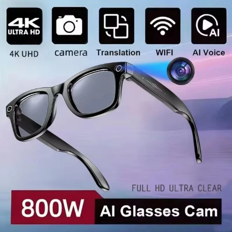 800W Kamera-KI-Brille für Herren Farbwechselnde Intelligente Übersetzungsbrille Foto-Video-Aufnahme Wasserdichte Anruf-Smartbrille