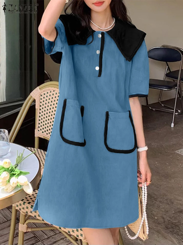 

ZANZEA Color-Blocked Korean Style Midi Dress Elegant Peter-pan Collar Chic Women Robe Short Sleeve 2025 Summer A-line Vestidos