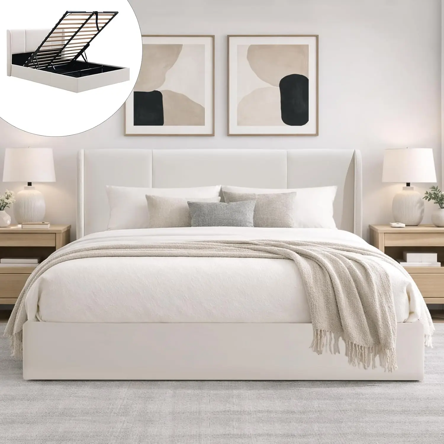Velvet Wingback Storage Bed Frame Queen Gas Lift Wood Slat Support No Box Spring White, Customized
