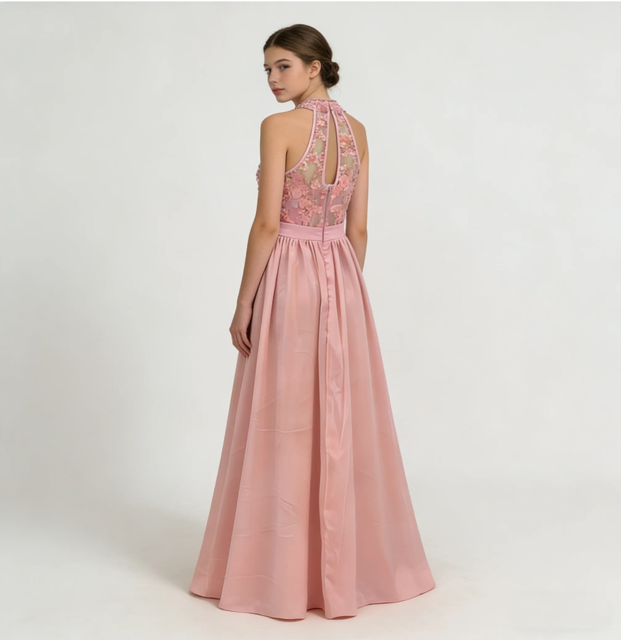Teenager Neck Hanging Sleeveless Elegant Embroidered Chiffon Waist Cinching Dress Banquet Dance Hosting Dress