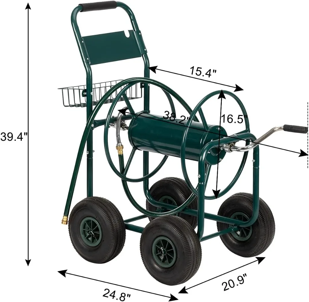 Heavy Duty Outdoor Yard Water Planting Truck Holds 300-Feet of 5/8-Inch Hose with Storage Basket for Patio Farm(Green)