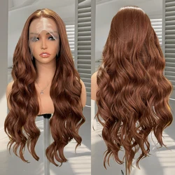 Perruque Lace Front Synthétique Body Wave pour Femme, Cheveux Bruns, Ligne de Cheveux Naturelle, Perruque Deep Wave, Perruque Cosplay, Prêt à vitation