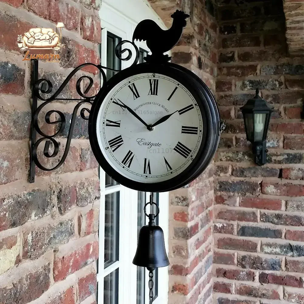 Classical Outdoor Wrought Iron Garden Clock Double-Sided Creative Fashion Wall Metal Wall Clock Chicken Bell Shape Wall Clock