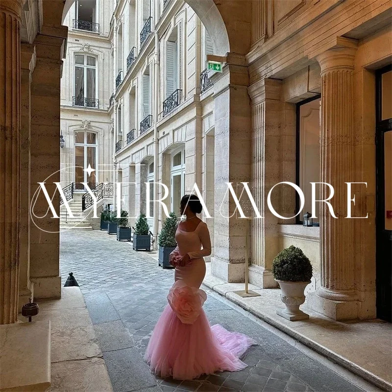 فساتين سهرة فاخرة بحورية البحر باللون الوردي 2025 من الساتان على شكل زهرة وياقة مربعة فساتين لحضور الحفلات الموسيقية تول رداء حفلات مخصص رداء السهرة #2