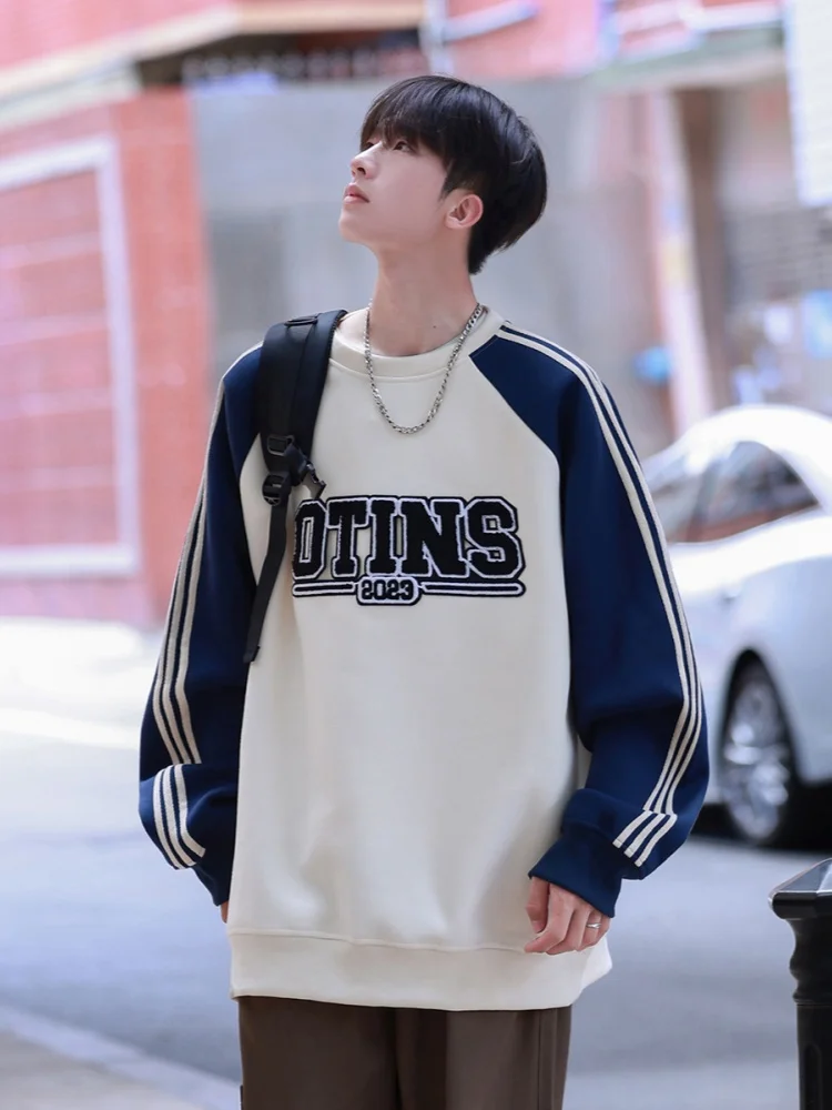 

Мужской свитшот в стиле ретро с пэчворком и цветными вставками, круглый вырез, вышивка букв, оверсайз, повседневный, износостойкий, из плоской ткани, весна-осень