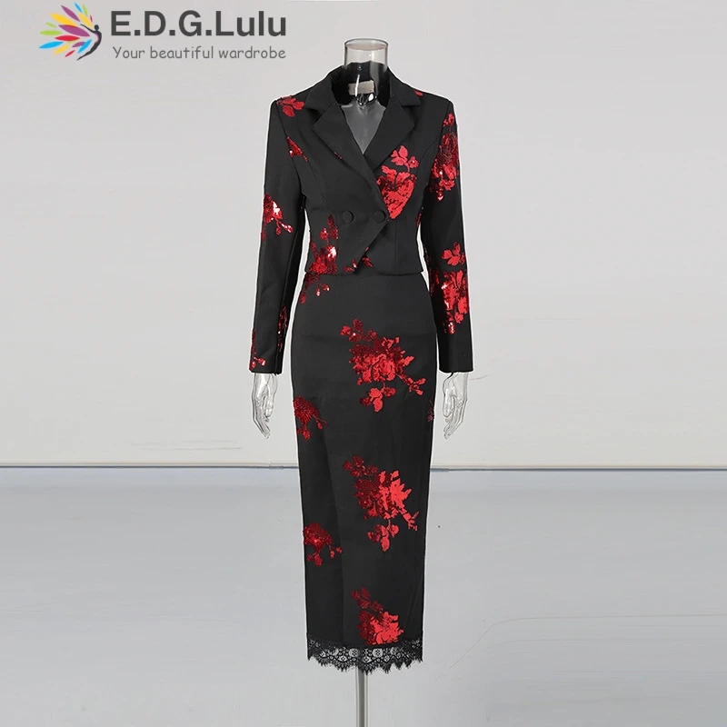 EDGLuLu 고품질 레드 스팽글 패치 워크 짧은 정장 재킷 + 하이 웨이스트 레이스 패치 워크 롱 스커트 여성용 두 조각 세트 0902