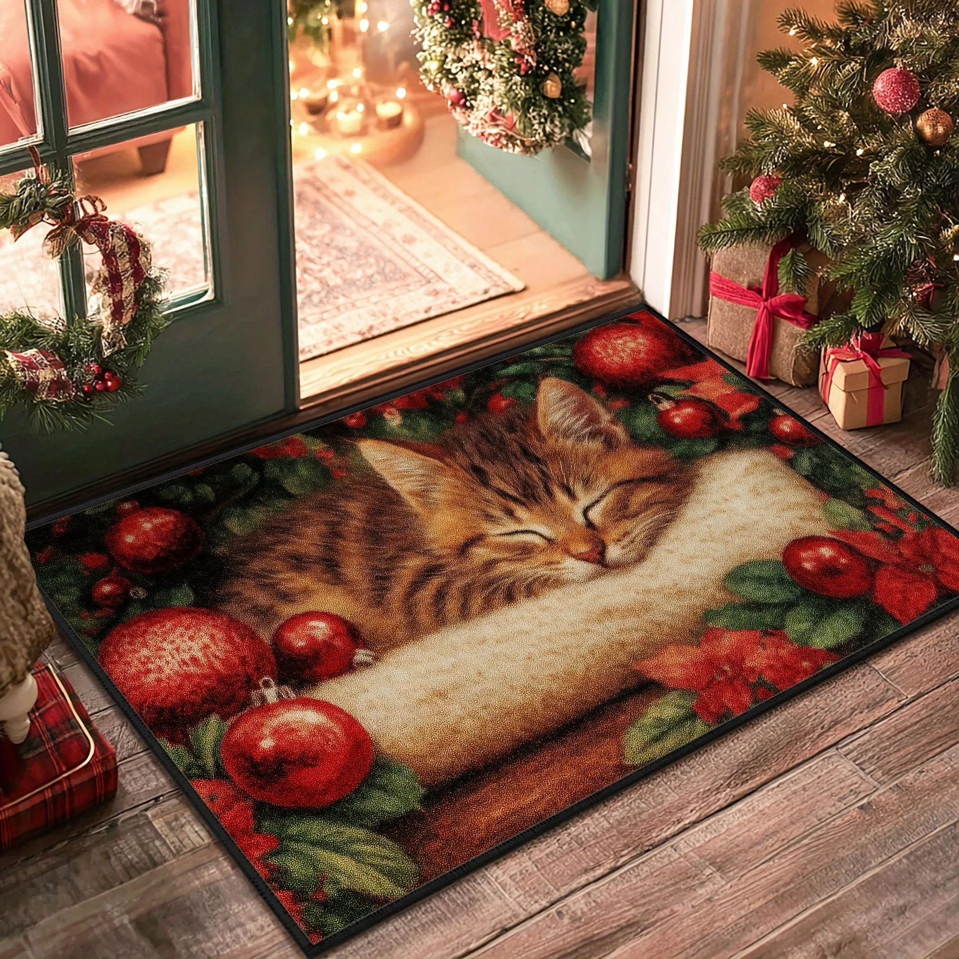 Cozy Kitten Xmas Design Washable Floor Mat Decorative Door Rug Perfect For Indoor Outdoor Entryway Welcome Accent