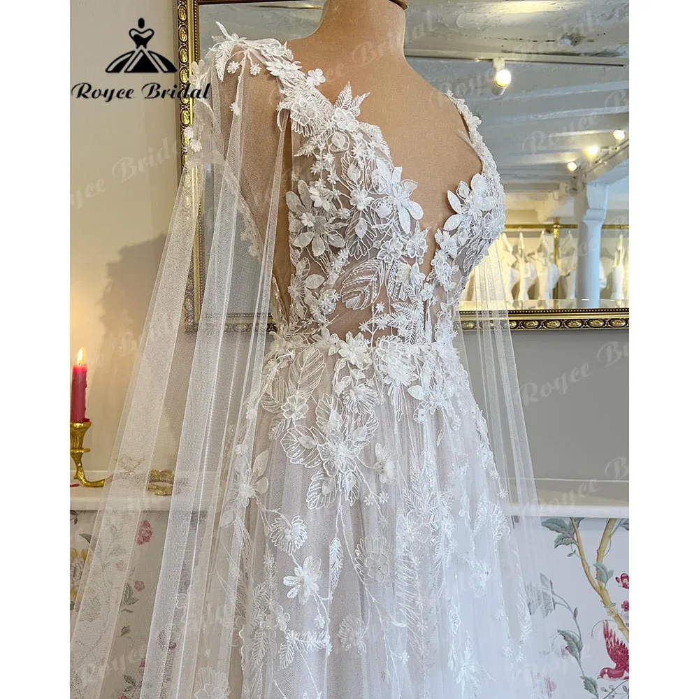 Romantic Lace Floral Fairy Beach Wedding Dress with Deep V Neck 2024 Bridal Gown Wedding vestido largo invitada boda Roycebridal