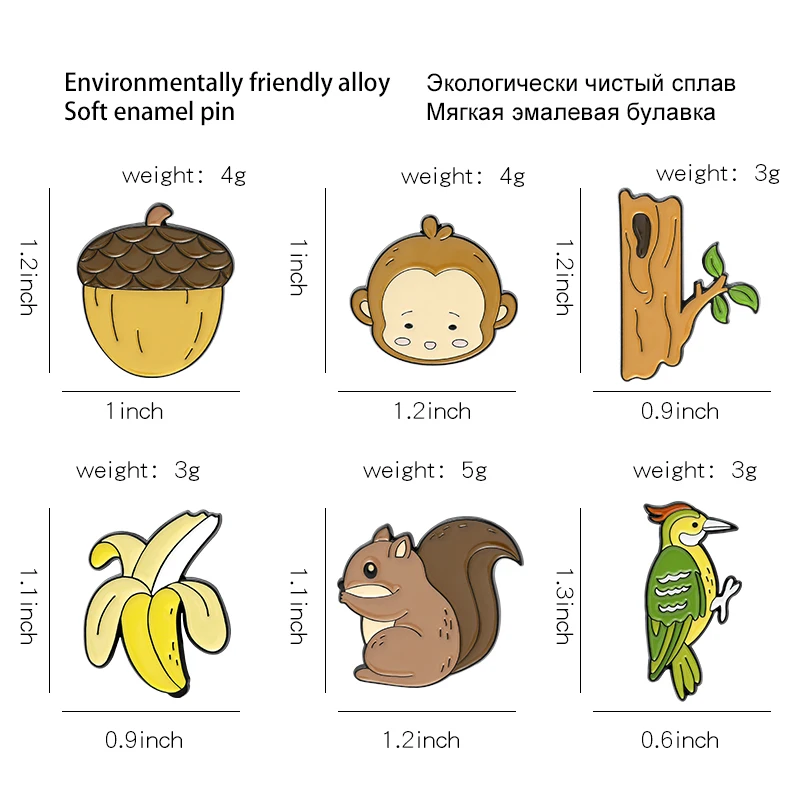 Perni smaltati animali della foresta scimmia Banana scoiattolo pigne picchio tronco spilla risvolto distintivo borsa gioielli regalo per Kid Friend