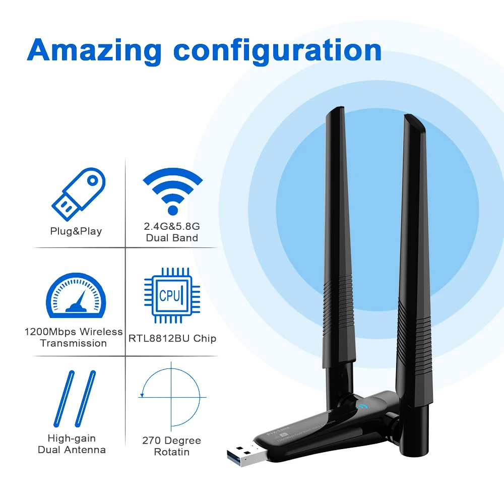 AC1200 Wireless USB Adapter,Supports Dual-Band 2.4GHz and 5GHz WiFi,One USB 3.0 Interface,Adjustable Multi-Directional Antennas.