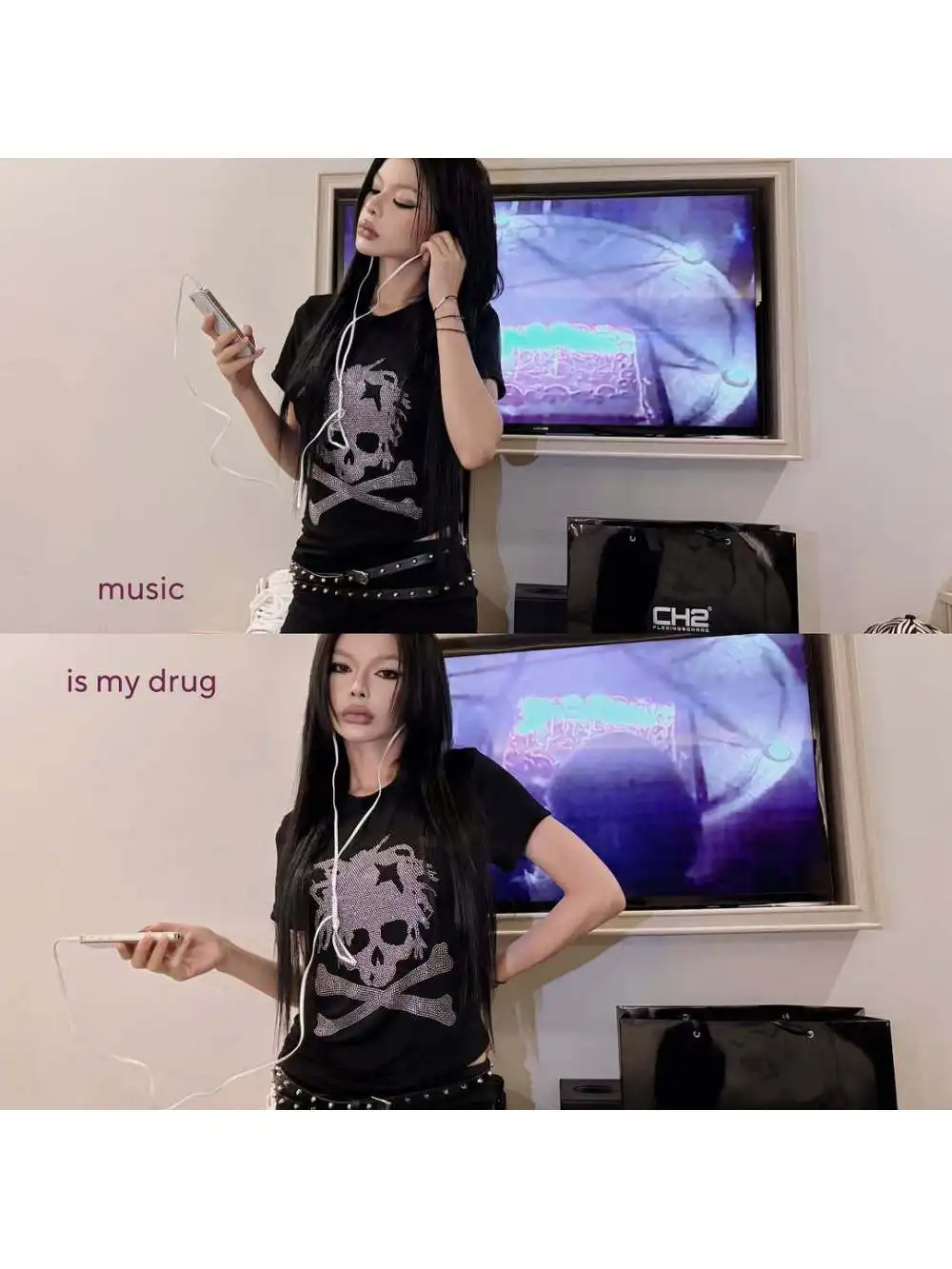 Camiseta com caveira de estamparia escura de nicho pequeno, top de manga curta casual de casal de marca da moda punk escuro Festa da moda