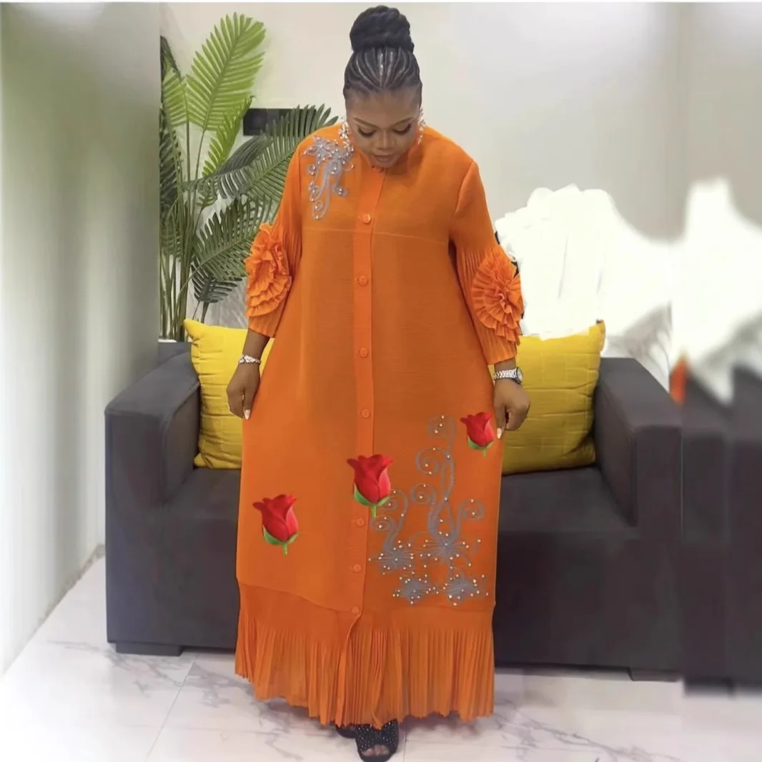 

2025 New Wrinkled Handmade Beads Hand-cranked Flower Jacket Dress Fashion Heavy Industry Disc Flower Bead Long Dresses Women