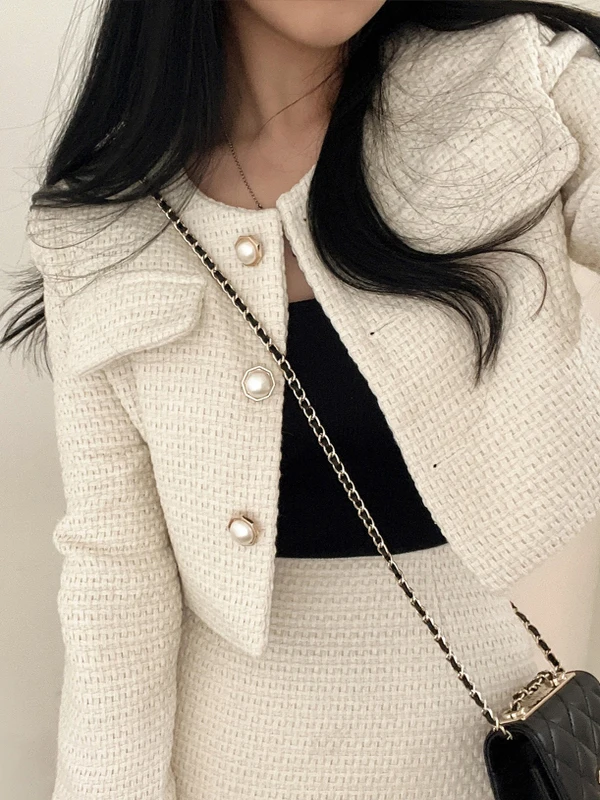 Chique ronde Ne Long Sve Tweed Jaet ort Top plus A-lijn rok Dames Faion Set Herfst Nieuwe collectie voor tieners