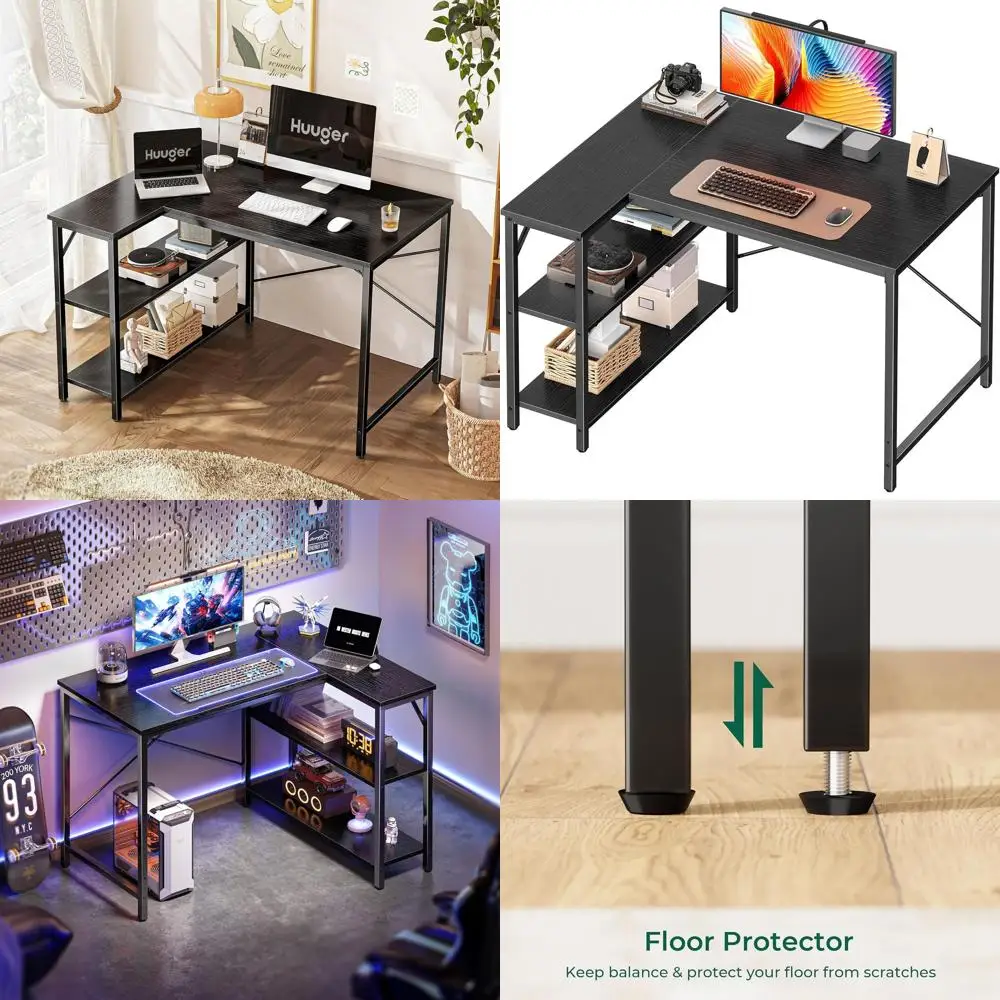

Corner L-Shaped Desk, 39 Gaming & Study Desk with Reversible Shelves, Metal Frame, Black