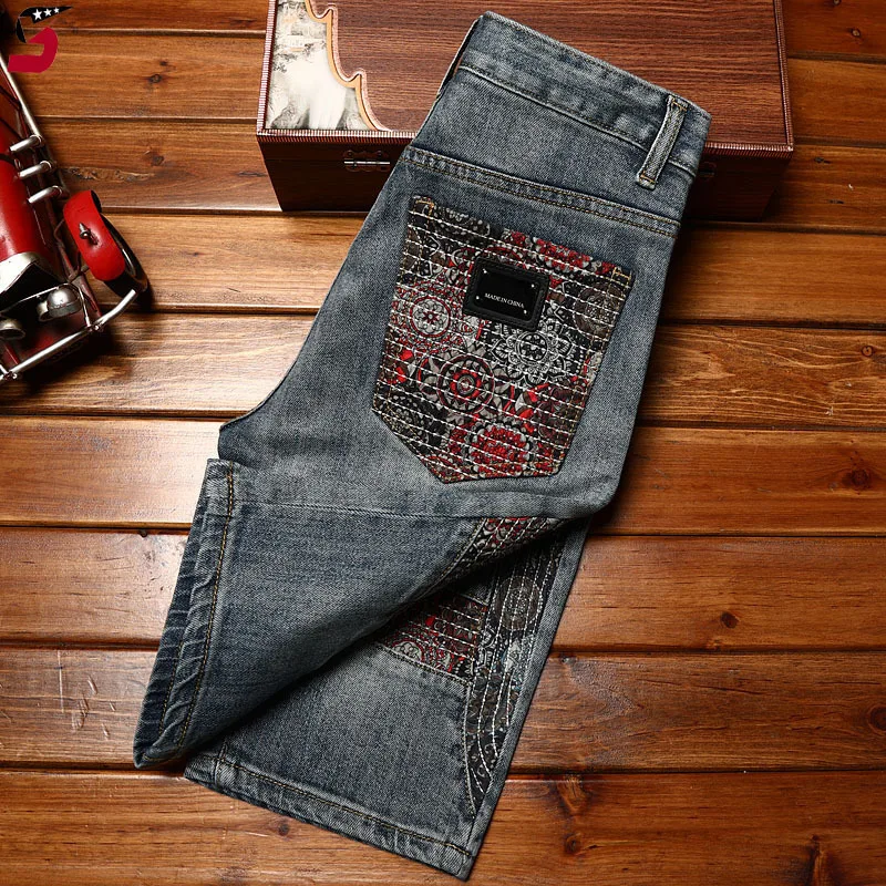 High-end trendy jeans short men\'s summer stretch slim-fit embroidery Korean style personality fashion casual cropped pants