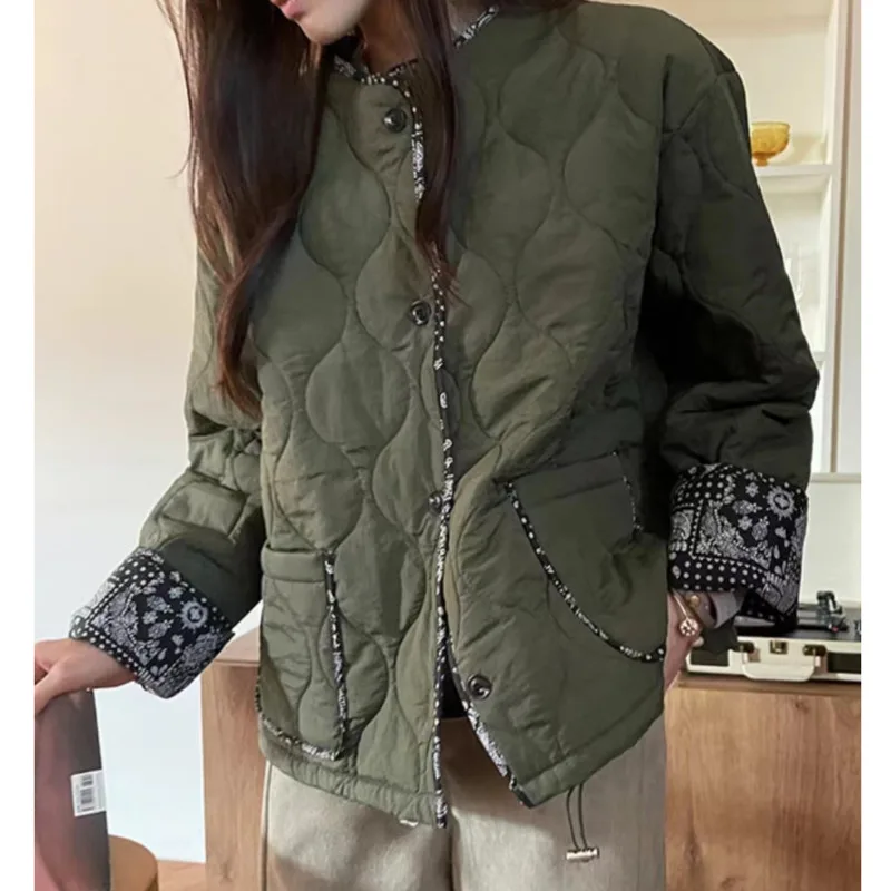 [EWQ] Korean Chic Spliced Print Design Cotton-padded Coat Long Sleeve Women Winter Outerwears 2024 Autumn New Fashion 16O3031