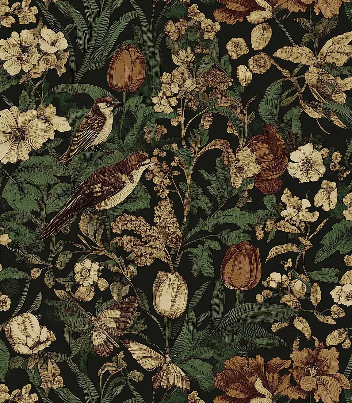 

17.3" x 394" Bird Floral Peel and Stick Wallpaper Vintage Contact Paper for Livingroom Floral and Leaf Self Adhesive Wall Paper Retro DIY Removable Decorative Wallpaper Vinyl Roll Dark