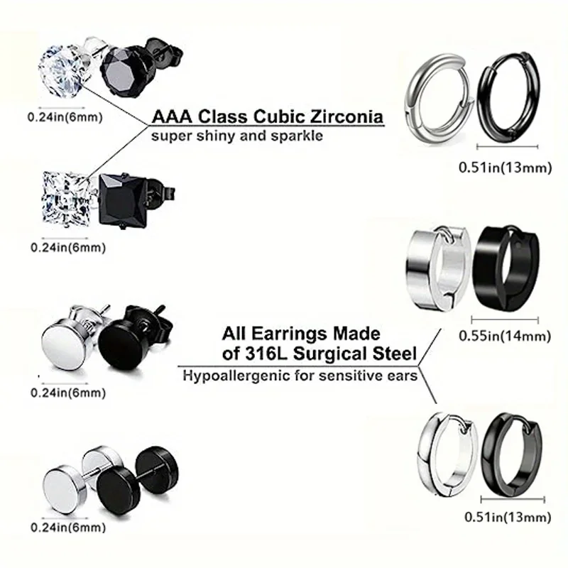 1-14 زوج من الأقراط للرجال، أقراط سوداء للرجال، أقراط من الفولاذ المقاوم للصدأ للنساء مجموعة أقراط هوجي هوب