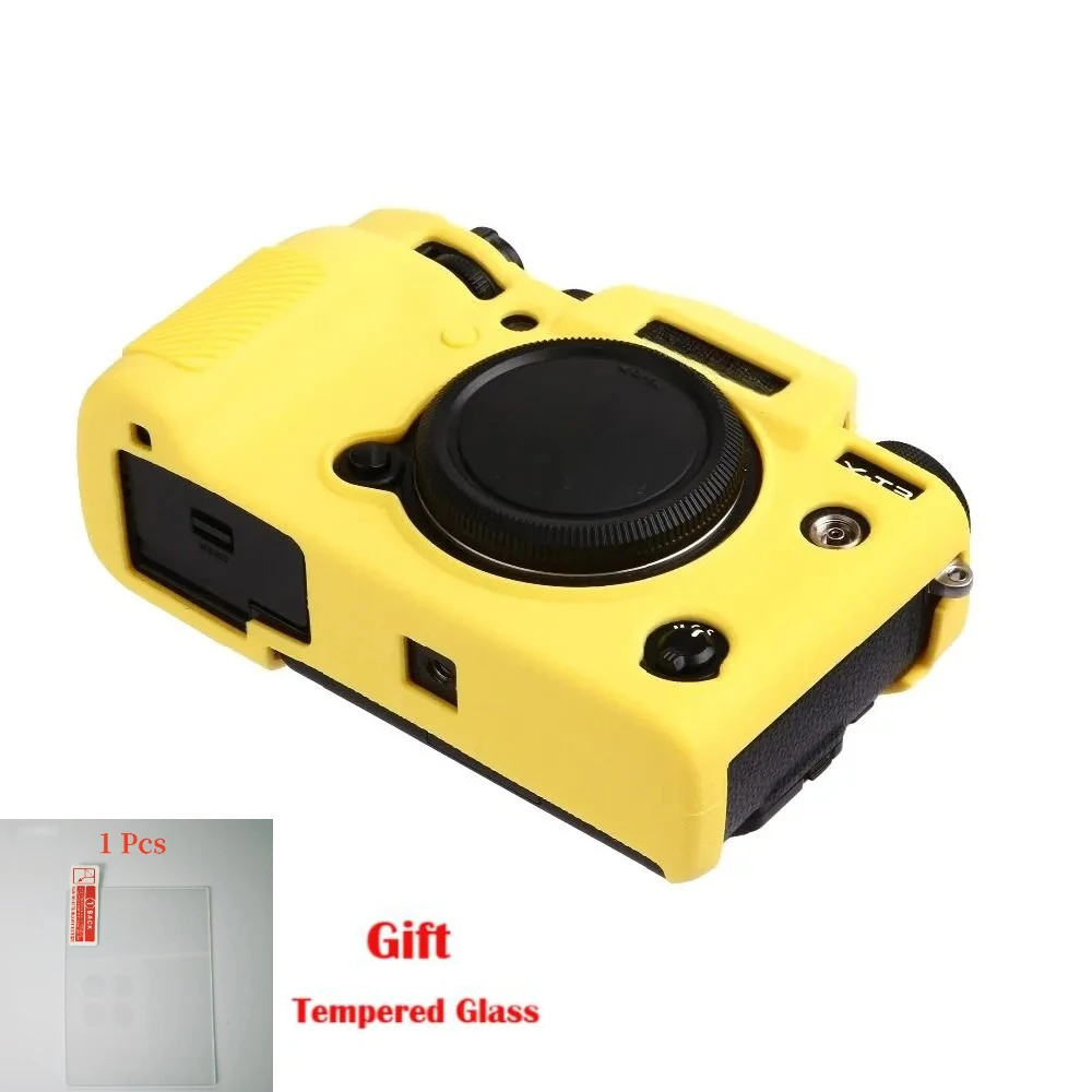 

For Fujifilm X-T3 Protective Cover Protector Skin Camera Bag Litchi Anti-slip Silicone Case+ Tempered Glass LCD Protective Film