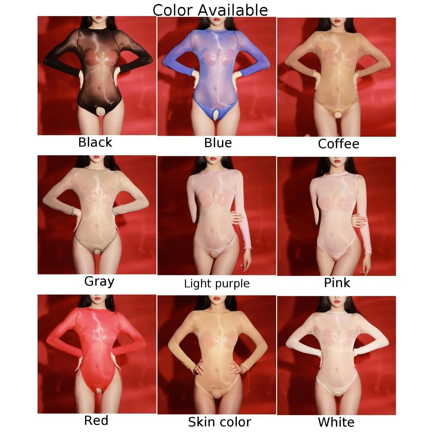 Seamless Shiny Oil Glossy Jumpsuit Sexy Women Hollow Open Crotch Lingerie Tight See-Through Bodysuit Long Sleeved Leotard