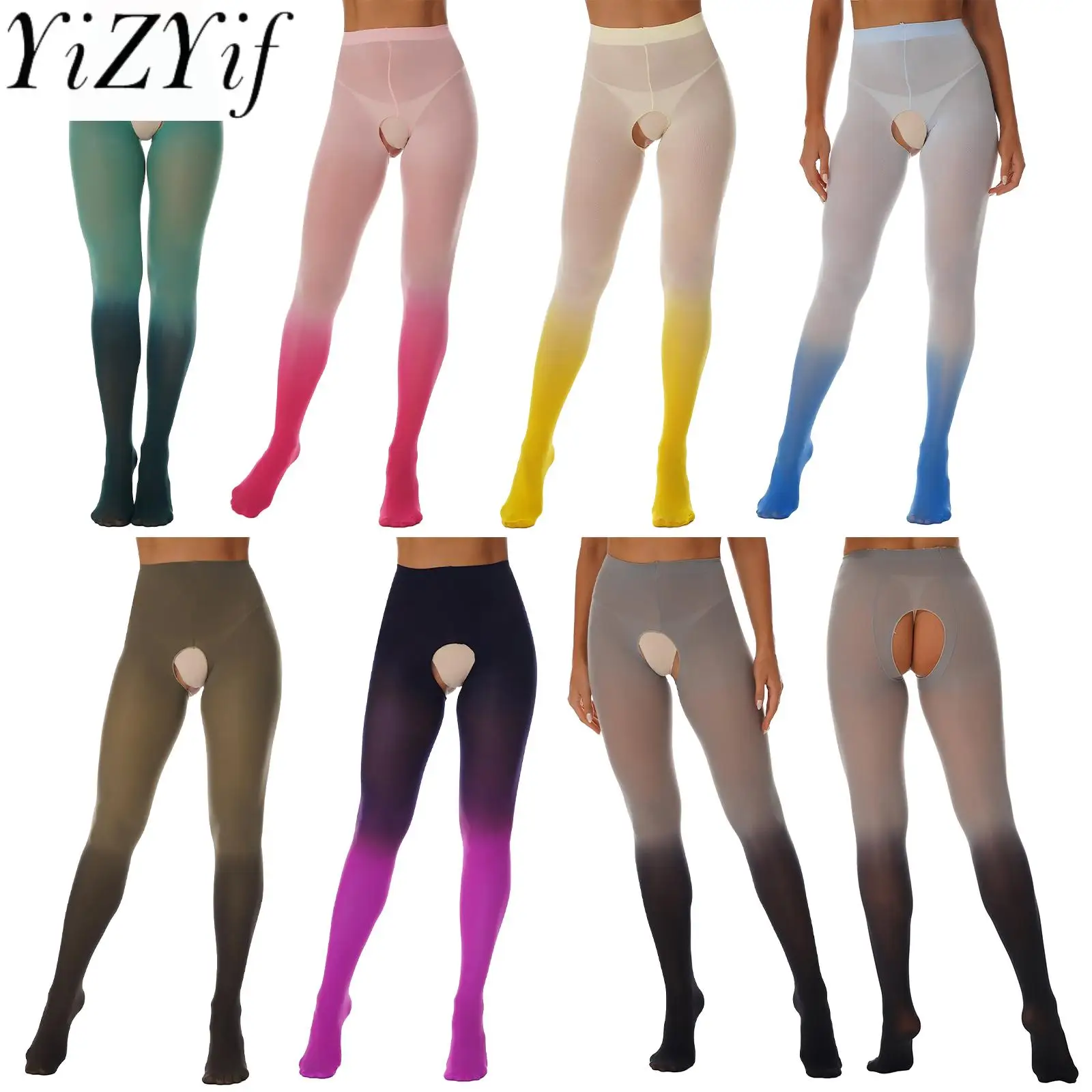 

Sissy Women Gradient Color Block Leggings Crotchless Open Butt Ultra Thin Pantyhose Elastic Waistband Tights Lingerie Pants