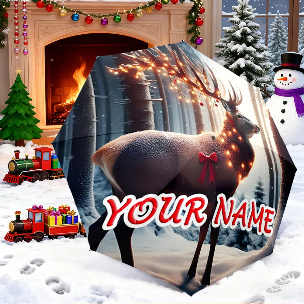Custom Name Umbrella， Christmas Reindeer Decoration Scene with Snowy Forest ,Portable Folding Umbrella, Christmas Gift