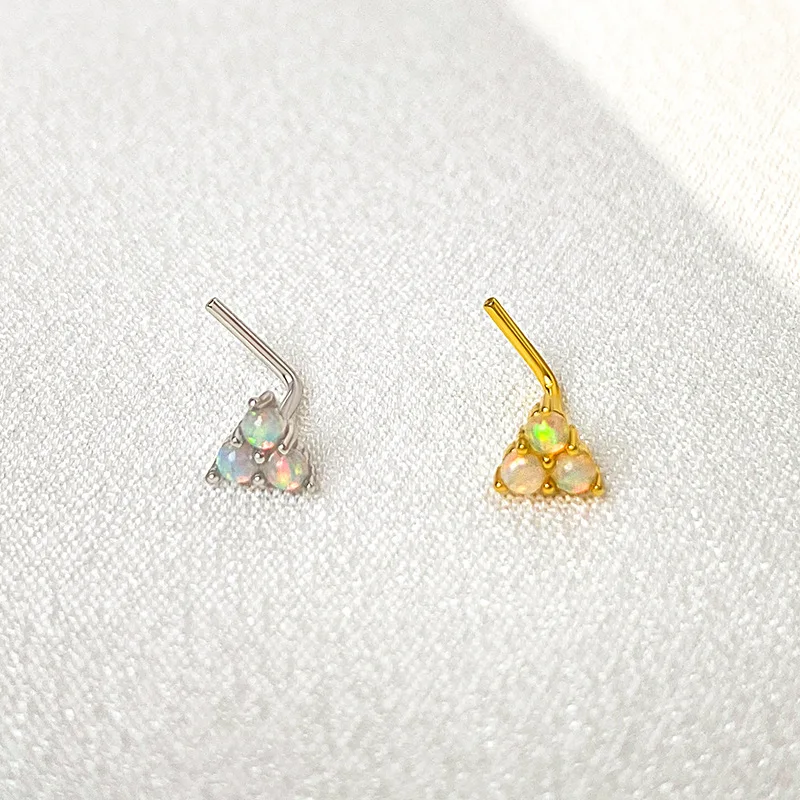 

S925 Pure Silver Nose Jewelry European and American Clover Fashion Minimalist L-bar Piercing Flower Opal Zircon Nose Stud 20G
