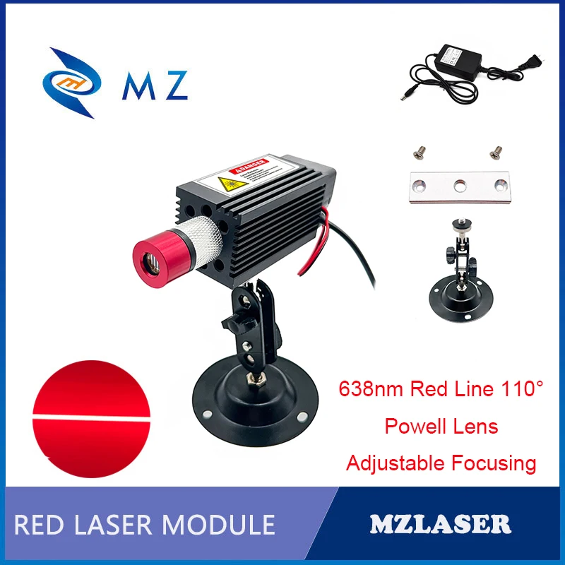 

High Brightness Adjustable Focusing Powell Lens 638nm 500mw 800mw 1000mw Red Line Laser Diode Module With Bracket+Adapter