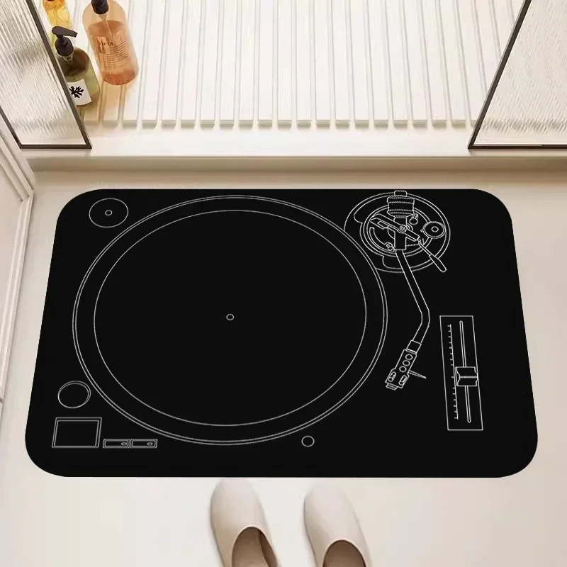 Retro Technics Vinyl Theme Doormat Washable Non Slip Foot Mat for Bedroom Living Room Entryway Music Inspired Home Decor