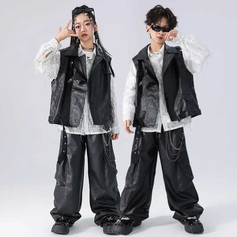 Children Hip Hop Jazz Fashion Show Dance Performance Clothes Boy Gilr Loose Leather Vest Pant Shirt Suits Sets Kids Tracksuits