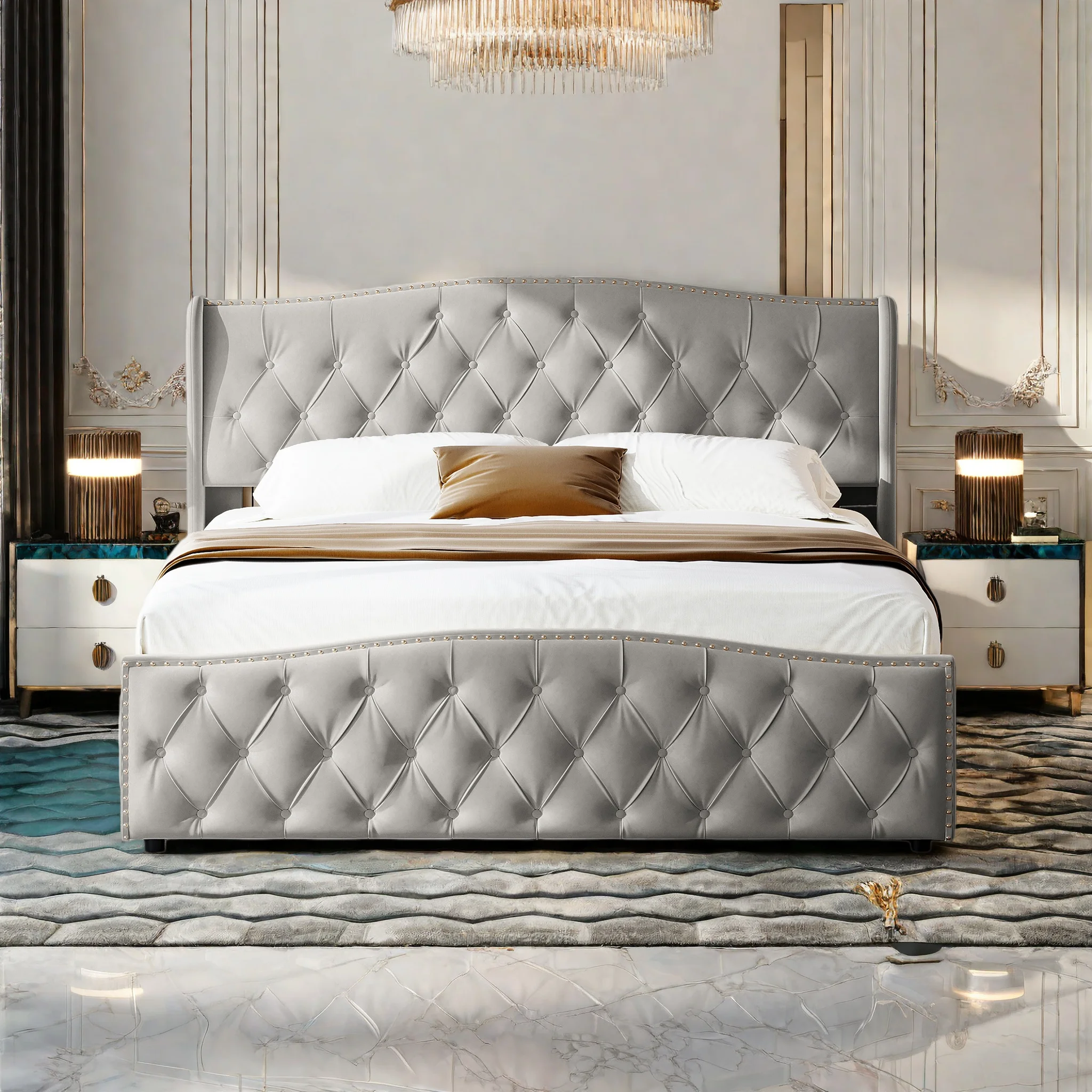 Lit de rangement rembourré Anajqaqia 140x200 160x200, cadre de lit double avec plateforme de rangement, matelas non inclus