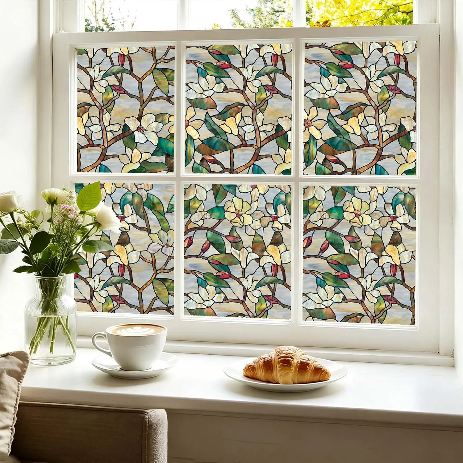 Window Film Privacy, Magnolia Floral Non Adhesive Movie for Windows, Privacy Glass Stickers Window Tinting Film for Room Decor
