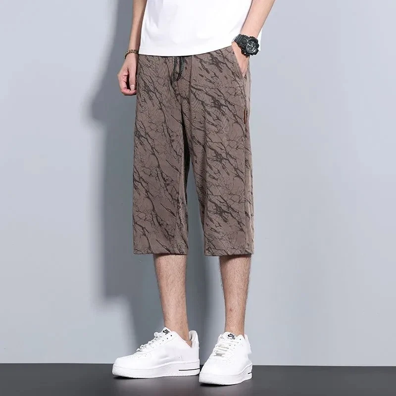 

Men's Ice Silk 3/4 Length Shorts Summer Quick-Dry Casual Pants Trendy Loose Versatile Bottoms for Guys