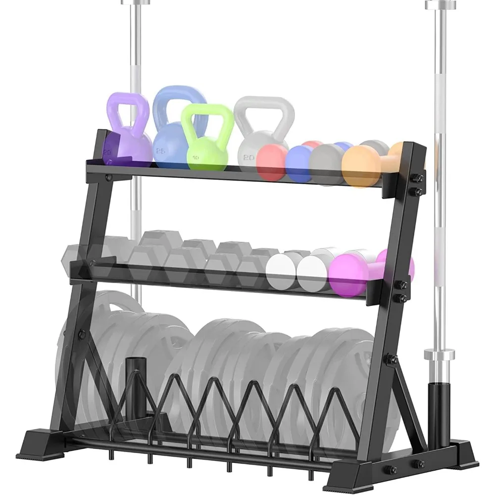 Dumbbell Rack 3-Tier Weight Plate Rack Storage Stand for Dumbbell/Kettlebell/Weight Plate and Curl Bar