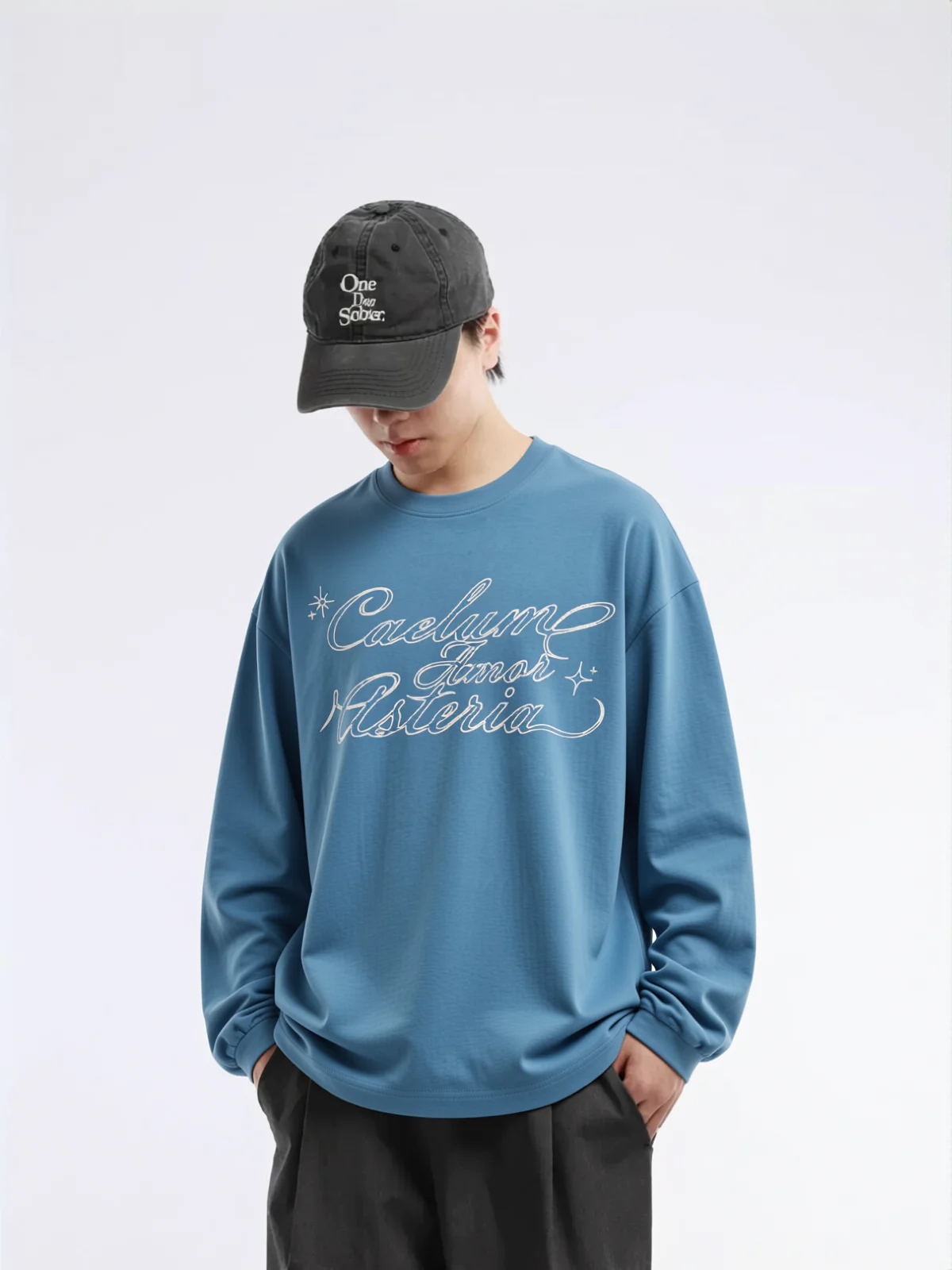 Loose Fit Long Sleeve T-Shirt Handwritten English Print Cityboy Style Blue Cotton Tee Breathable Absorbent Non-fading Easy-care