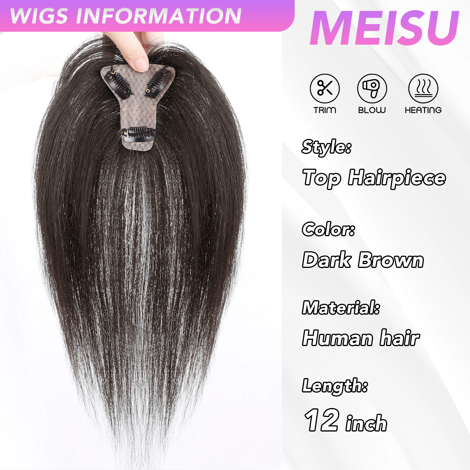 MEISU Human Top Hairpiece Natural Scalp Top Asian Hair Extension For Women Clip In Hairpiece Increase Volume Extension Daily Use