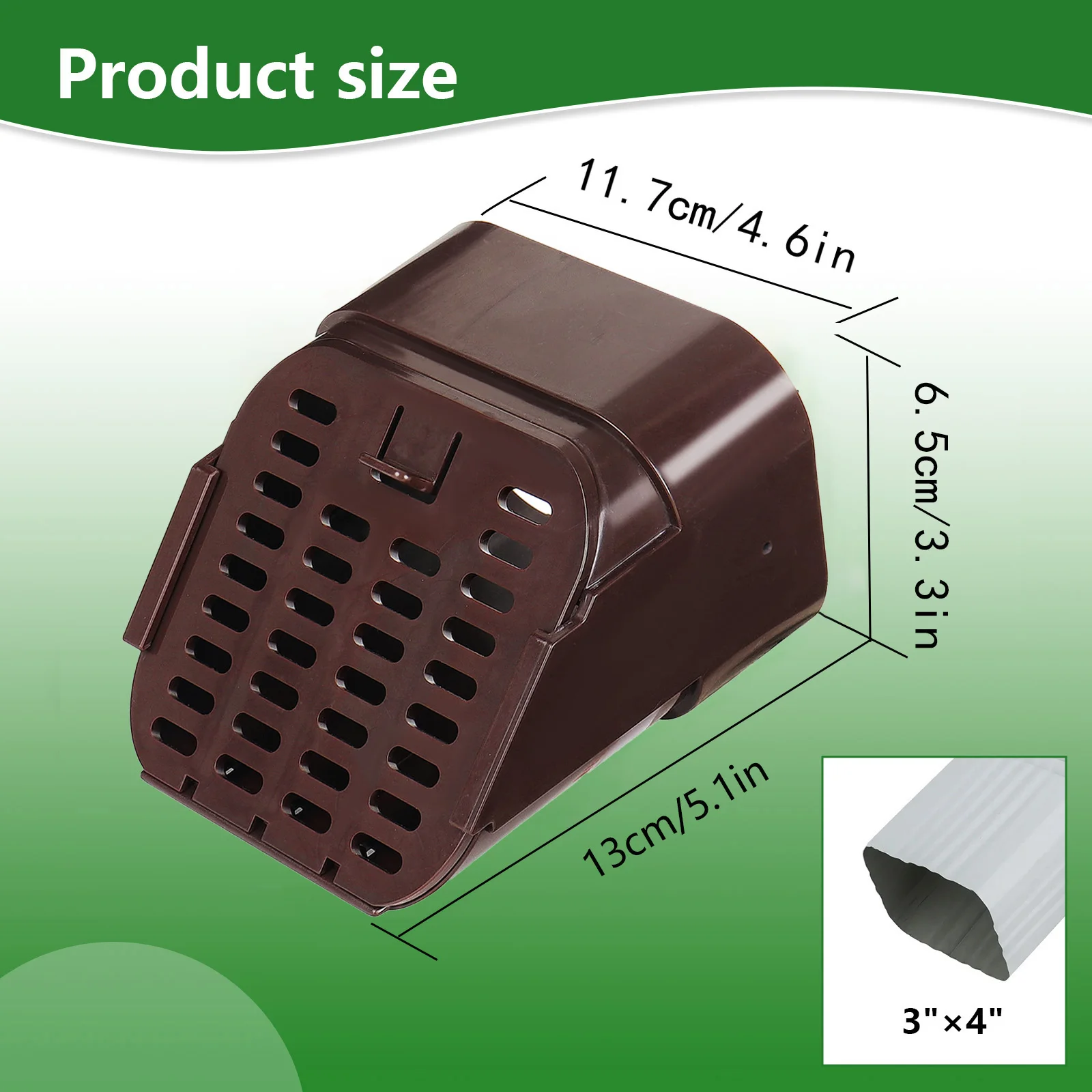 

Rodent guard for downspouts, horizontally designed, fits 2x3 and 3x4 inch square downspouts.
