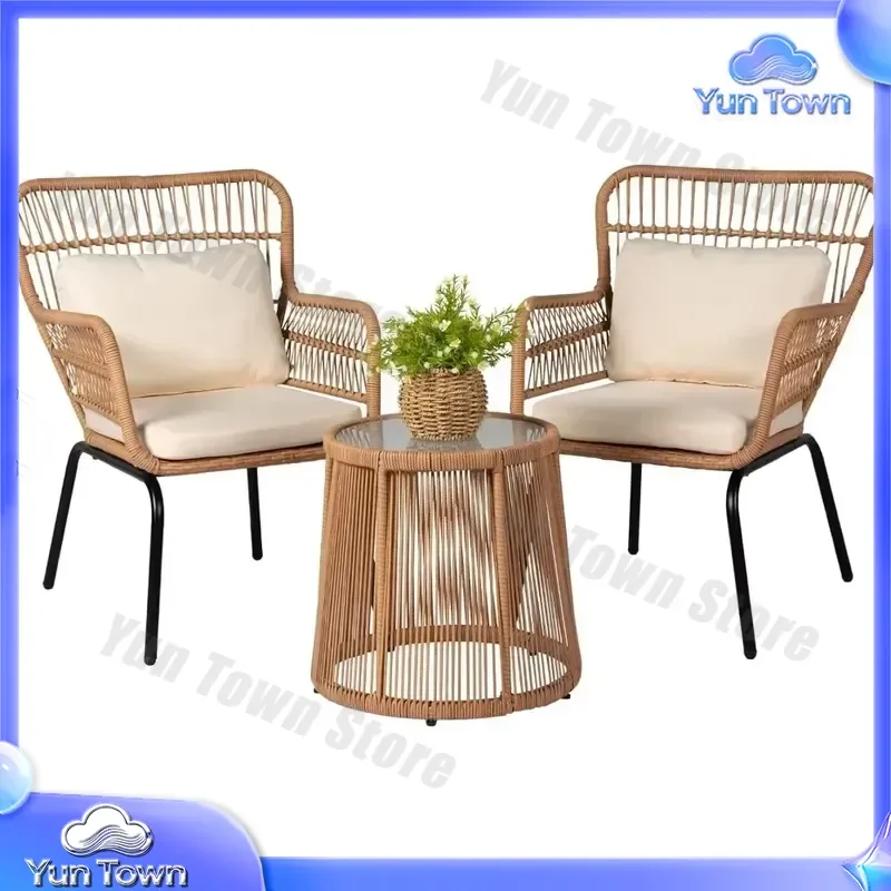 3 Piece Outdoor Wicker Bistro Set for Patio Porch Garden Rattan Chairs Conversation Set for Small Space Balcony Backyard