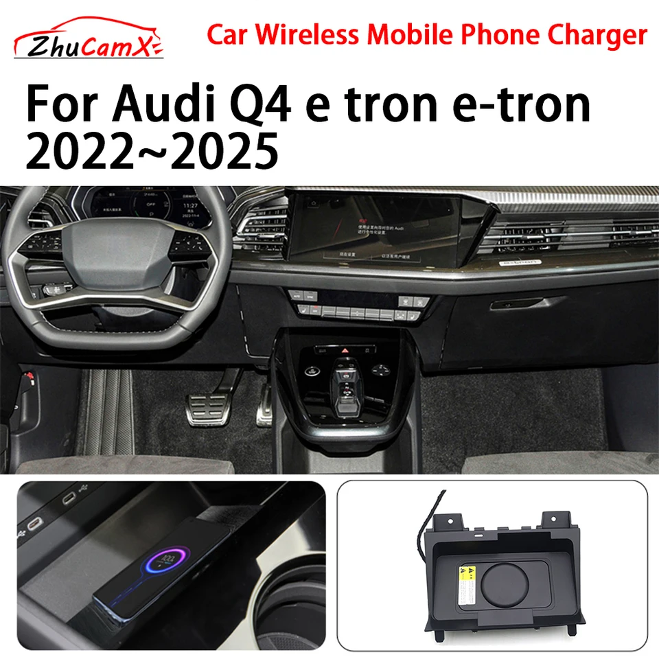audi phone box with wireless charging and signal booster ZhuCamX Car Wireless Mobile Phone Charger Center Console Storage QI 18W  iPhone fast charge for Audi Q4 e tron e-tron 2022-2025